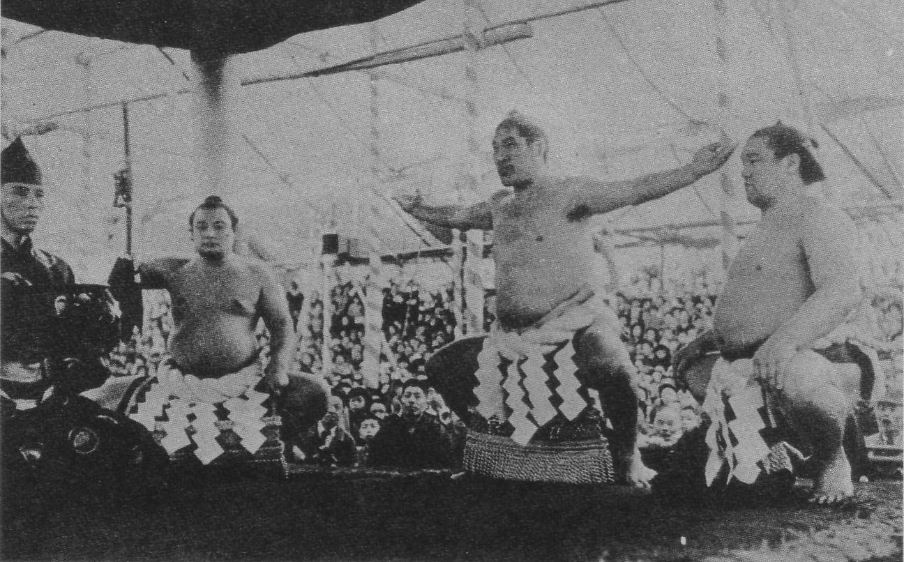 Spectators watching sumo bouts in the Ryōgoku Kokugikan arena